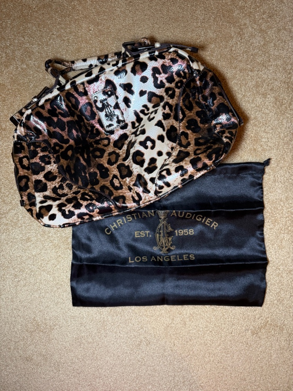 Christian Audigier Leopard Satchel in Brown and Black
